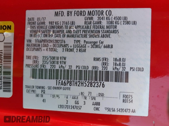 2017 Ford Mustang EcoBoost с VIN 1FA6P8TH2H5282376, выставлен на аукционе IAAI как лот 41884996 с пробегом 104 368 миль миль и . История ставок и продаж доступна на DreamBid. Изображение 9.