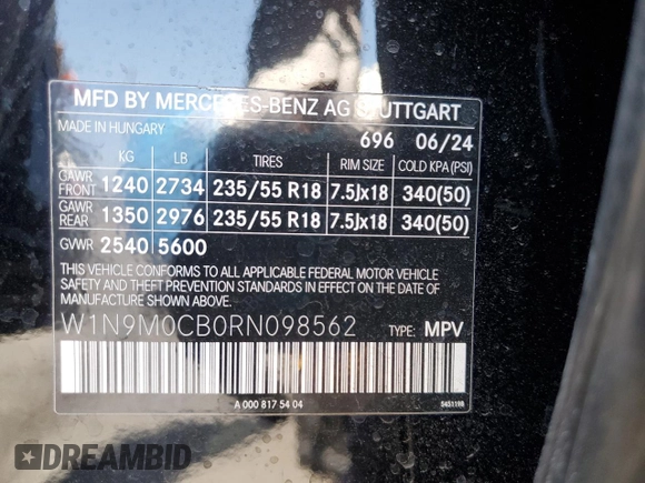 2024 Mercedes-Benz EQB 250+ z VIN W1N9M0CB0RN098562, wystawiony jako Copart lot #56983575 z przebiegiem 6 106 mil mil oraz Szkoda całkowita • Salvage title. Historia ofert i sprzedaży dostępna na DreamBid. Obrazek 14.
