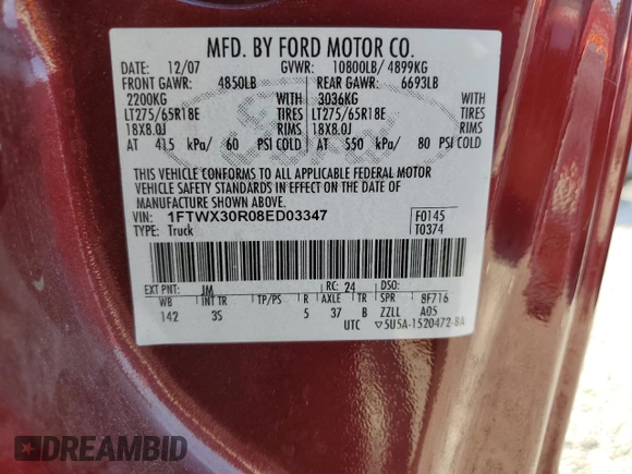 2008 Ford F-350 with VIN 1FTWX30R08ED03347, listed as a Copart auction lot 54692575 with 161,056 mi miles and Salvage title. Bid and sale history available at DreamBid. Image 12.