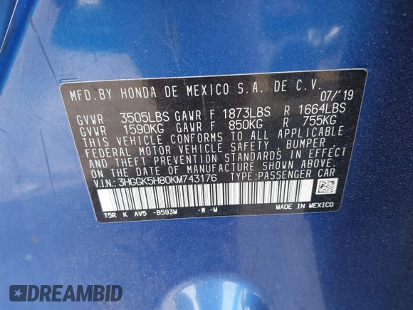 2019 Honda Fit EX with VIN 3HGGK5H80KM743176, listed as a IAAI auction lot 41681337 with 54,916 mi miles and . Bid and sale history available at DreamBid. Image 9.