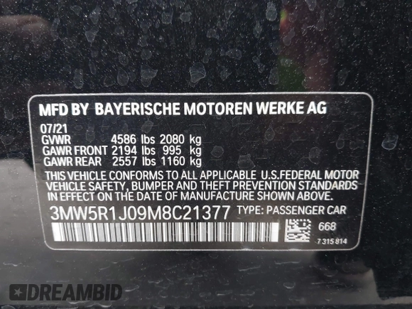 2021 BMW 3 Series 330i with VIN 3MW5R1J09M8C21377, listed as a IAAI auction lot 41892259 with Not Provided miles and . Bid and sale history available at carsss.com. Image 9.