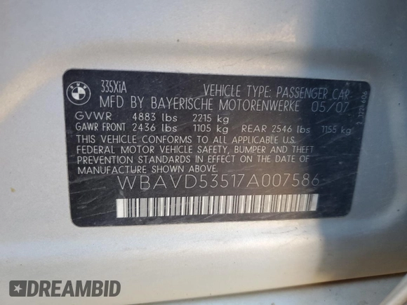 2007 BMW 3 Series 335xi with VIN WBAVD53517A007586, listed as a Copart auction lot 54971955 with 162,909 mi miles and Clean Title. Bid and sale history available at carsss.com. Image 12.