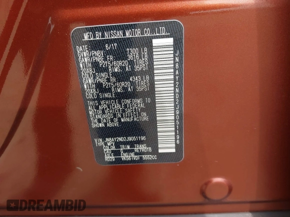 2018 Nissan Armada SL with VIN JN8AY2ND2J9051196, listed as a IAAI auction lot 41689147 with 184,547 mi miles and . Bid and sale history available at DreamBid. Image 9.