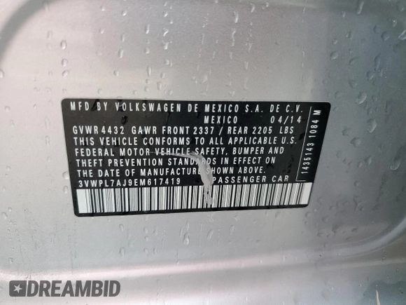 2014 Volkswagen Jetta TDI w/Sunroof & Nav with VIN 3VWPL7AJ9EM617419, listed as a Copart auction lot 59203225 with 85,147 mi miles and Salvage title. Bid and sale history available at DreamBid. Image 12.