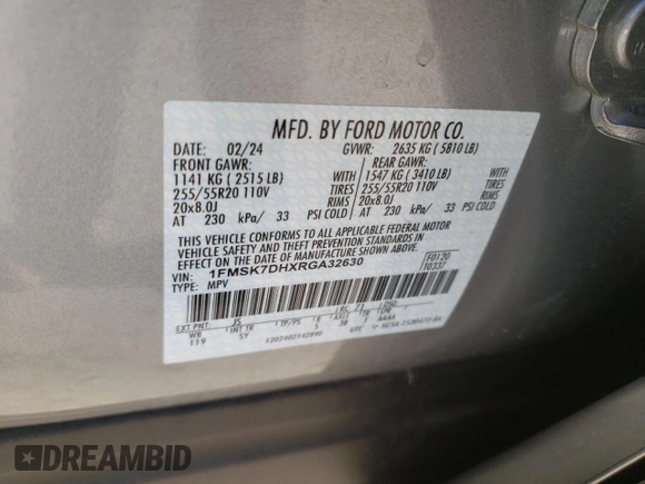 2024 Ford Explorer XLT with VIN 1FMSK7DHXRGA32630, listed as a Copart auction lot 68529784 with 884 mi miles and Salvage Title. Bid and sale history available at carsss.com. Image 13.