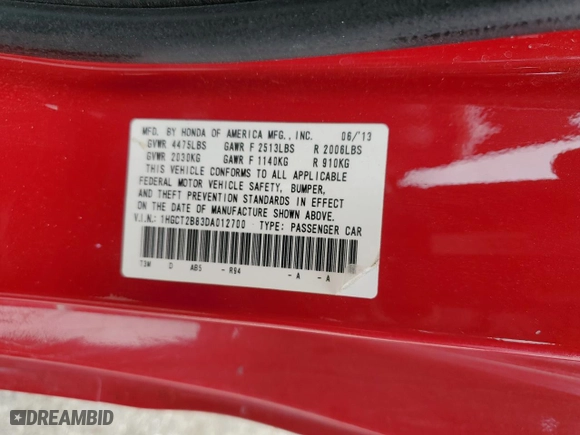 2013 Honda Accord Cpe EX-L with VIN 1HGCT2B83DA012700, listed as a Copart auction lot 47897085 with NaN miles and Salvage Title. Bid and sale history available at carsss.com. Image 13.