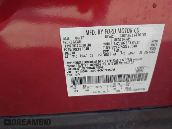 2017 Ford Explorer XLT with VIN 1FM5K8D89HGC83575, listed as a IAAI auction lot 42006103 with 108,764 mi miles and . Bid and sale history available at DreamBid. Image 9.