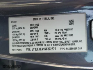 2022 Tesla Model 3 with VIN 5YJ3E1EA1NF372879, listed as a Copart auction lot 71604604 with 60,925 mi miles and Salvage Title. Bid and sale history available at carsss.com. Image 14.