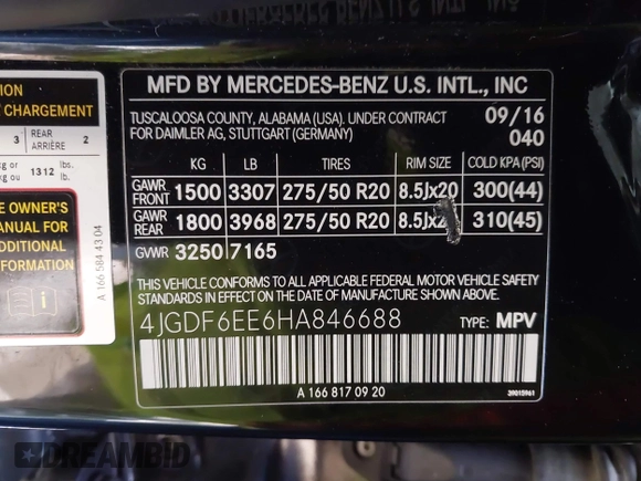 2017 Mercedes-Benz GLS 450 with VIN 4JGDF6EE6HA846688, listed as a IAAI auction lot 41824755 with 98,697 mi miles and . Bid and sale history available at DreamBid. Image 9.
