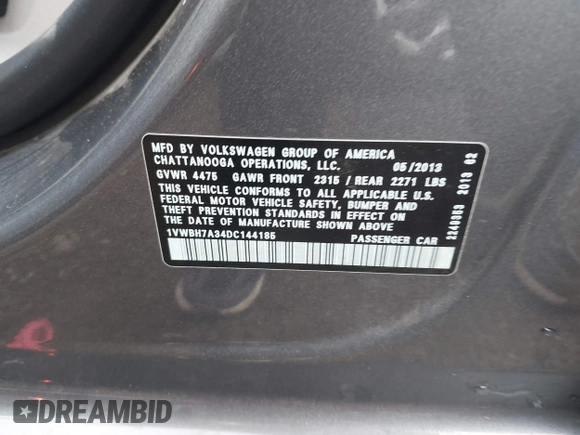 2013 Volkswagen Passat SE с VIN 1VWBH7A34DC144185, выставлен на аукционе IAAI как лот 41930972 с пробегом 232 679 миль миль и . История ставок и продаж доступна на DreamBid. Изображение 9.