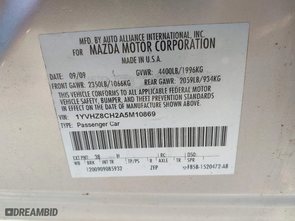 2010 Mazda Mazda6 i Touring Plus with VIN 1YVHZ8CH2A5M10869, listed as a IAAI auction lot 41890776 with 131,732 mi miles. Bid and sale history available at carsss.com. Image 9.