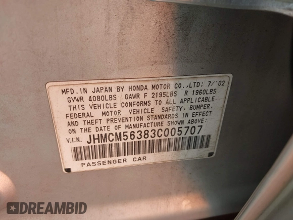 2003 Honda Accord LX z VIN JHMCM56383C005707, wystawiony jako IAAI lot #42264937 z przebiegiem 297 192 mil mil oraz . Historia ofert i sprzedaży dostępna na DreamBid. Obrazek 9.