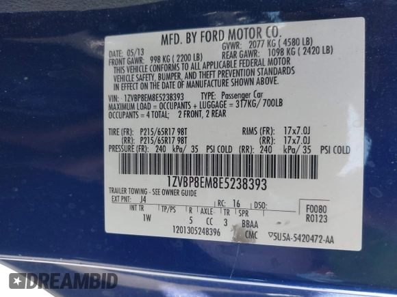 2014 Ford Mustang V6 z VIN 1ZVBP8EM8E5238393, wystawiony jako IAAI lot #42502830 z przebiegiem 150 481 mil mil oraz . Historia ofert i sprzedaży dostępna na DreamBid. Obrazek 9.