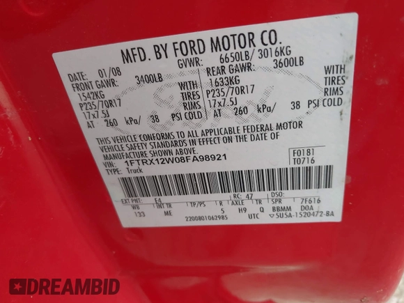 2008 Ford F-150 STX z VIN 1FTRX12W08FA98921, wystawiony jako IAAI lot #42796746 z przebiegiem Nie podano mil oraz . Historia ofert i sprzedaży dostępna na DreamBid. Obrazek 9.