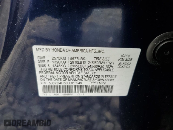 2020 Acura MDX w/Technology Pkg with VIN 5J8YD4H50LL010949, listed as a Copart auction lot 50454365 with 32,465 mi miles and Salvage Title. Bid and sale history available at carsss.com. Image 15.