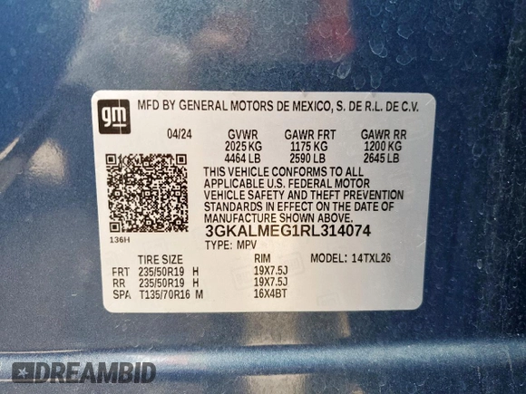 2024 GMC Terrain SLE with VIN 3GKALMEG1RL314074, listed as a Copart auction lot 57644815 with 14,829 mi miles and Salvage title. Bid and sale history available at DreamBid. Image 13.