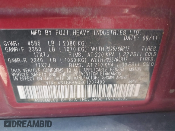 2012 Subaru Outback 2.5i with VIN 4S4BRBAC8C1207409, listed as a IAAI auction lot 42654740 with 192,752 mi miles and . Bid and sale history available at DreamBid. Image 9.