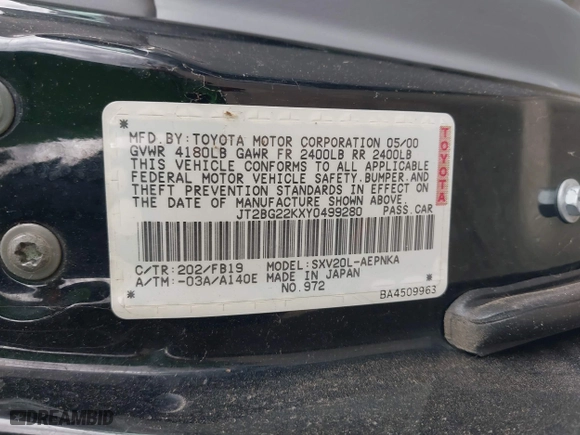 2000 Toyota Camry CE with VIN JT2BG22KXY0499280, listed as a IAAI auction lot 42075329 with 321,420 mi miles. Bid and sale history available at carsss.com. Image 9.