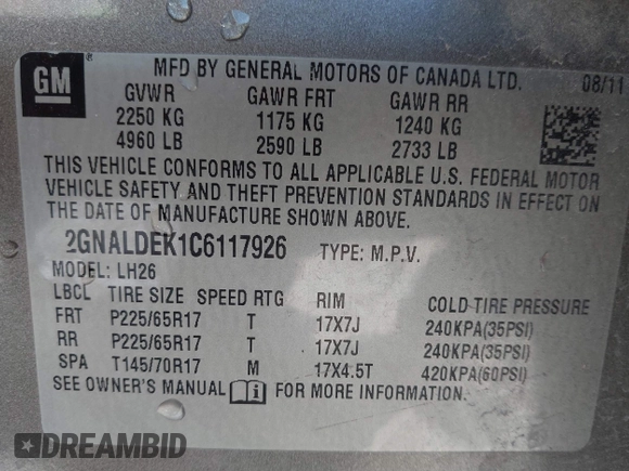 2012 Chevrolet Equinox LT w/1LT with VIN 2GNALDEK1C6117926, listed as a IAAI auction lot 41843665 with 195,092 mi miles. Bid and sale history available at carsss.com. Image 9.