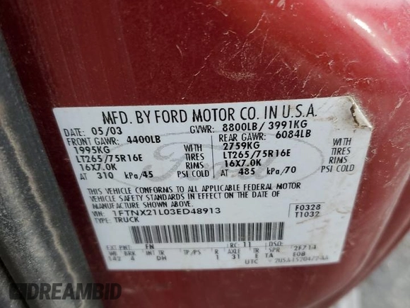 2003 Ford F-250 XL z VIN 1FTNX21L03ED48913, wystawiony jako Copart lot #54708035 z przebiegiem 172 963 mil mil oraz Czysty tytuł • Clean title. Historia ofert i sprzedaży dostępna na DreamBid. Obrazek 12.