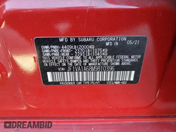 2021 Subaru WRX z VIN JF1VA1A68M9810396, wystawiony jako Copart lot #56335445 z przebiegiem 40 683 mil mil oraz Szkoda całkowita • Salvage title. Historia ofert i sprzedaży dostępna na DreamBid. Obrazek 12.