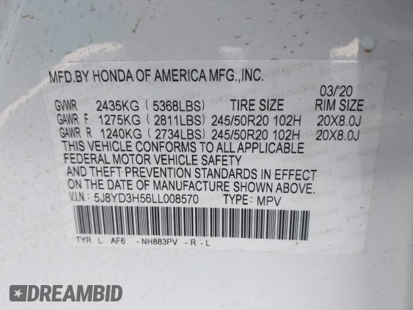 2020 Acura MDX w/Technology Pkg with VIN 5J8YD3H56LL008570, listed as a IAAI auction lot 41828165 with 14,770 mi miles. Bid and sale history available at carsss.com. Image 9.