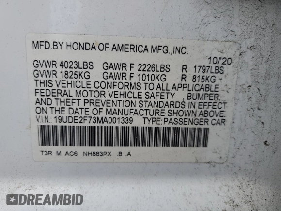2021 Acura ILX Premium z VIN 19UDE2F73MA001339, wystawiony jako Copart lot #59689615 z przebiegiem Nie podano mil oraz Szkoda całkowita • Salvage title. Historia ofert i sprzedaży dostępna na DreamBid. Obrazek 12.