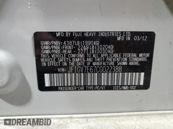 2012 Subaru WRX WRX with VIN JF1GV7E67CG022388, listed as a Copart auction lot 47311615 with 126,105 mi miles and Clean title. Bid and sale history available at DreamBid. Image 12.