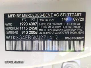 2021 Mercedes-Benz A 220 with VIN W1K3G4EB5MJ271412, listed as a IAAI auction lot 41862593 with 86,155 mi miles and . Bid and sale history available at DreamBid. Image 9.