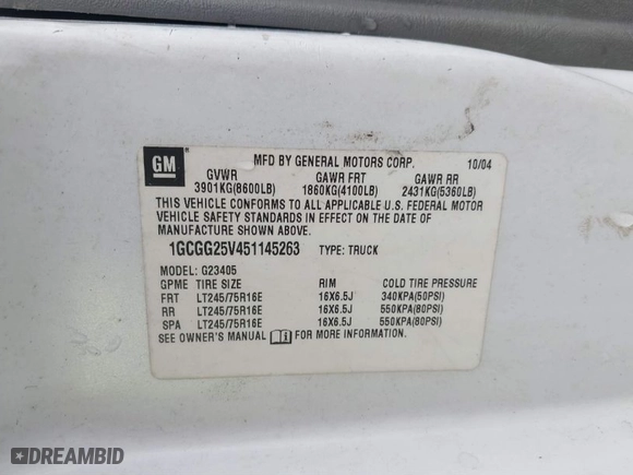 2005 Chevrolet Express Cargo Van with VIN 1GCGG25V451145263, listed as a IAAI auction lot 41474612 with 390,174 mi miles. Bid and sale history available at carsss.com. Image 9.