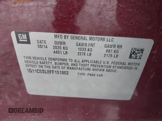 2015 Chevrolet Malibu LT with VIN 1G11C5SL8FF151862, listed as a IAAI auction lot 42022082 with 151,872 mi miles and . Bid and sale history available at DreamBid. Image 9.