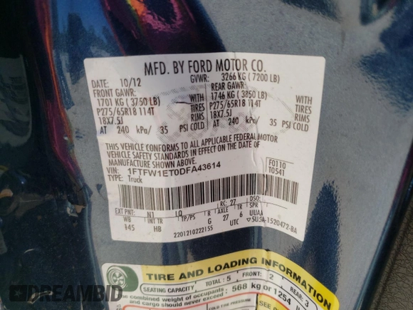 2013 Ford F-150 XL с VIN 1FTFW1ET0DFA43614, выставлен на аукционе Copart как лот 59115485 с пробегом 104 456 миль миль и Списание • Salvage title. История ставок и продаж доступна на DreamBid. Изображение 12.
