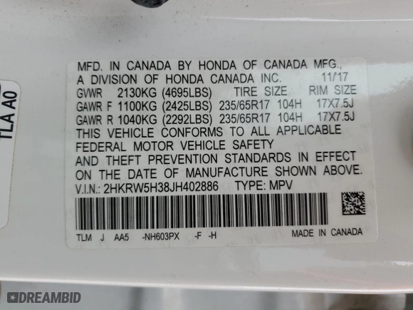 2018 Honda CR-V LX with VIN 2HKRW5H38JH402886, listed as a Copart auction lot 51733715 with 92,508 mi miles and Salvage Title. Bid and sale history available at carsss.com. Image 15.