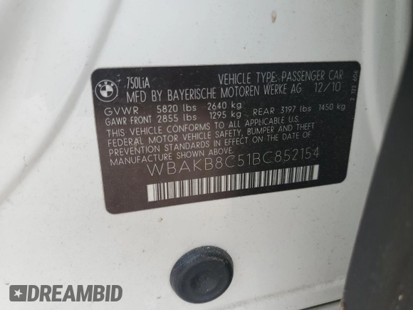 2011 BMW 7 Series 750Li with VIN WBAKB8C51BC852154, listed as a Copart auction lot 51530235 with 109,691 mi miles and Salvage Title. Bid and sale history available at carsss.com. Image 12.