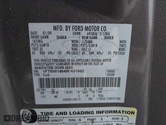 2009 Ford F-150 XL with VIN 1FTRW14849FA51992, listed as a IAAI auction lot 41444548 with 1 mi miles. Bid and sale history available at carsss.com. Image 9.