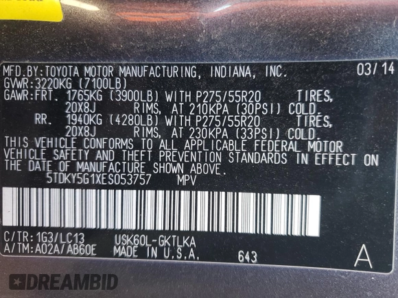 2014 Toyota Sequoia Limited with VIN 5TDKY5G1XES053757, listed as a Copart auction lot 83827324 with 0 mi miles and Salvage Title. Bid and sale history available at carsss.com. Image 14.