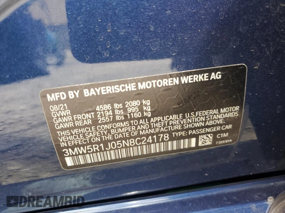 2022 BMW 3 Series 330i with VIN 3MW5R1J05N8C24178, listed as a Copart auction lot 51004985 with 26,665 mi miles and Salvage Title. Bid and sale history available at carsss.com. Image 12.