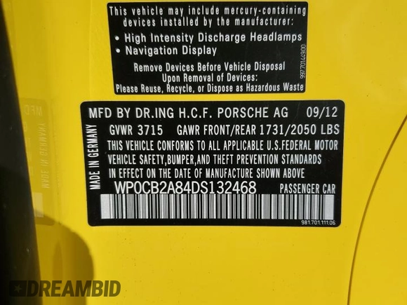 2013 Porsche Boxster S z VIN WP0CB2A84DS132468, wystawiony jako Copart lot #46931385 z przebiegiem 4 406 mil mil oraz Nie do naprawy • Non repairable. Historia ofert i sprzedaży dostępna na DreamBid. Obrazek 13.