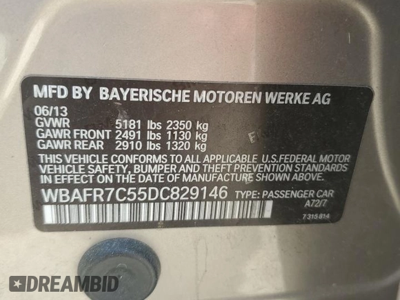 2013 BMW 5 Series 535i with VIN WBAFR7C55DC829146, listed as a Copart auction lot 64052095 with 94,358 mi miles and Salvage title. Bid and sale history available at DreamBid. Image 12.