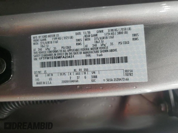2021 Ford F-150 XL z VIN 1FTFW1E50MFA23431, wystawiony jako Copart lot #51638895 z przebiegiem 51 473 mil mil oraz Szkoda całkowita • Salvage title. Historia ofert i sprzedaży dostępna na DreamBid. Obrazek 12.