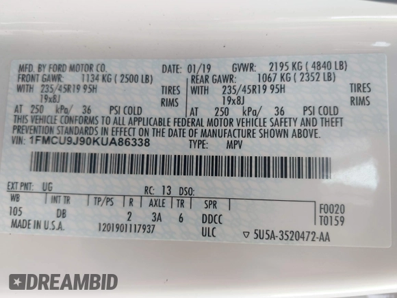2019 Ford Escape Titanium with VIN 1FMCU9J90KUA86338, listed as a IAAI auction lot 42690159 with 115,891 mi miles and . Bid and sale history available at DreamBid. Image 9.