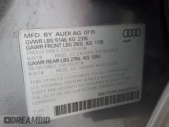 2016 Audi allroad Premium with VIN WA1TFAFL9GA005523, listed as a Copart auction lot 86505384 with 96,740 mi miles and Salvage Title. Bid and sale history available at carsss.com. Image 14.