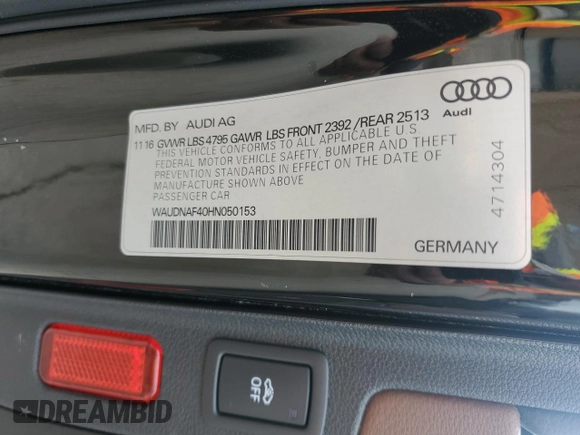 2017 Audi A4 Premium with VIN WAUDNAF40HN050153, listed as a Copart auction lot 60552645 with 117,318 mi miles and Salvage title. Bid and sale history available at DreamBid. Image 12.