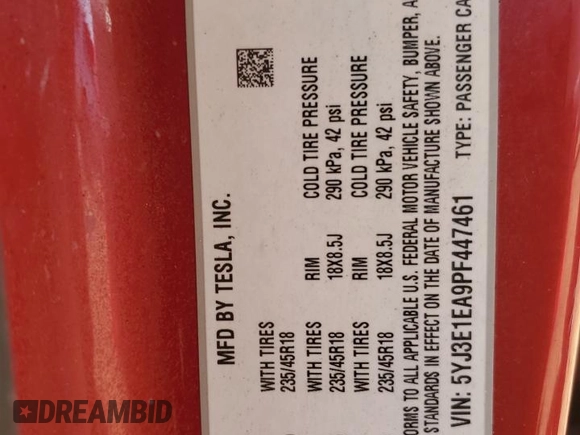2023 Tesla Model 3 с VIN 5YJ3E1EA9PF447461, выставлен на аукционе Copart как лот 52589635 с пробегом 36 478 миль миль и Списание • Salvage title. История ставок и продаж доступна на DreamBid. Изображение 14.