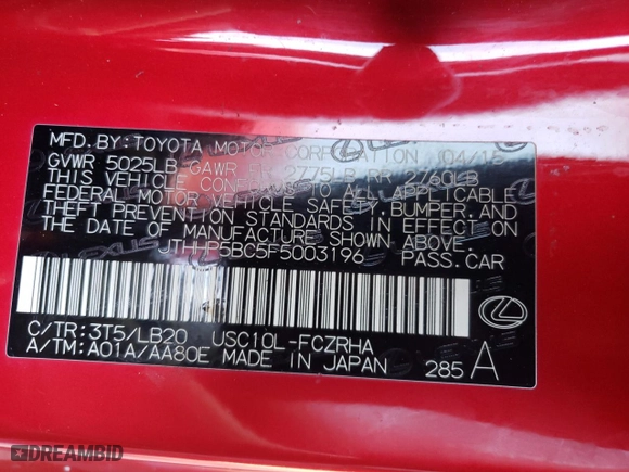 2015 Lexus RC F with VIN JTHHP5BC5F5003196, listed as a Copart auction lot 77601864 with 116,745 mi miles and Salvage Title. Bid and sale history available at carsss.com. Image 12.