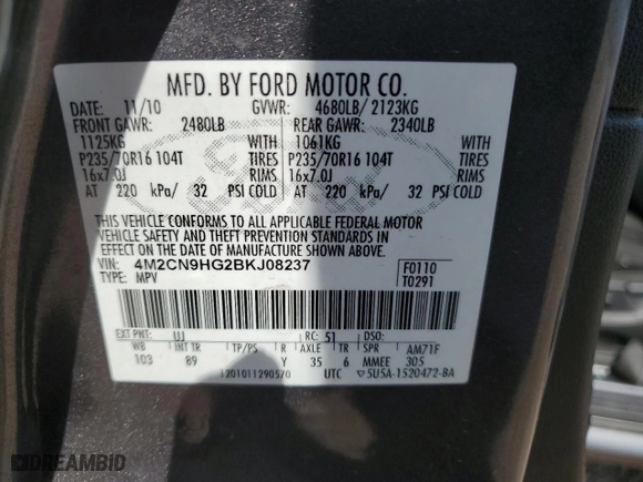 2011 Mercury Mariner Premier with VIN 4M2CN9HG2BKJ08237, listed as a Copart auction lot 71271034 with 0 mi miles and Clean Title. Bid and sale history available at carsss.com. Image 15.