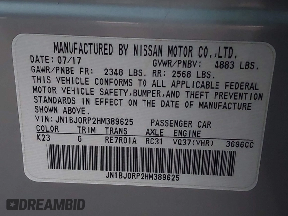 2017 Infiniti QX50 with VIN JN1BJ0RP2HM389625, listed as a IAAI auction lot 41600350 with Not Provided miles. Bid and sale history available at carsss.com. Image 9.