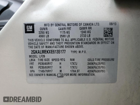 2014 GMC Terrain SLE with VIN 2GKALMEKXE6135177, listed as a Copart auction lot 51339295 with 17,753 mi miles and Clean Title. Bid and sale history available at DreamBid. Image 13.
