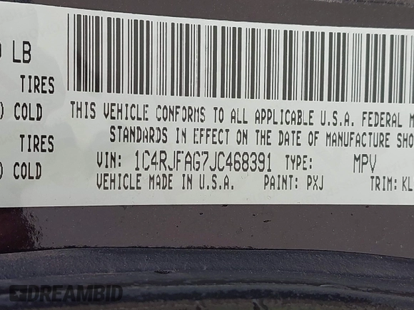 2018 Jeep Grand Cherokee Laredo with VIN 1C4RJFAG7JC468391, listed as a IAAI auction lot 42010443 with 91,585 mi miles and . Bid and sale history available at DreamBid. Image 9.