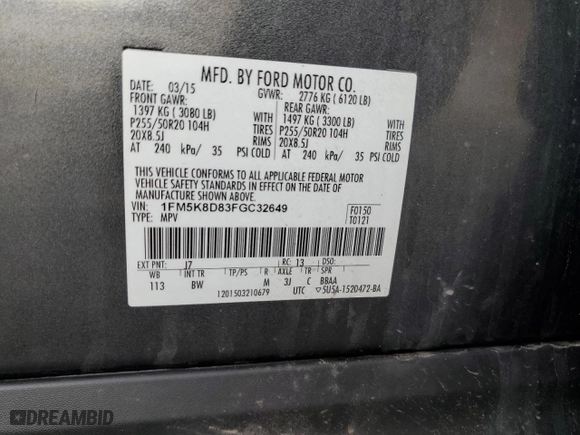 2015 Ford Explorer XLT with VIN 1FM5K8D83FGC32649, listed as a Copart auction lot 51685605 with 110,874 mi miles and Salvage Title. Bid and sale history available at carsss.com. Image 13.